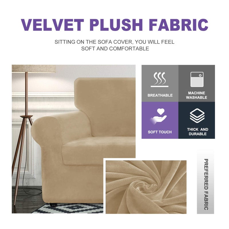 ZNSAYOTX Luxury Velvet Couch Cover 4 Piece (72"-92") Stretch Sofa Covers for 3 Cushion Couch Thick Soft Sofa Slipcover with Non Slip Strap, Dog Pet Friendly Nice Furniture Protector (Camel) - Image 2